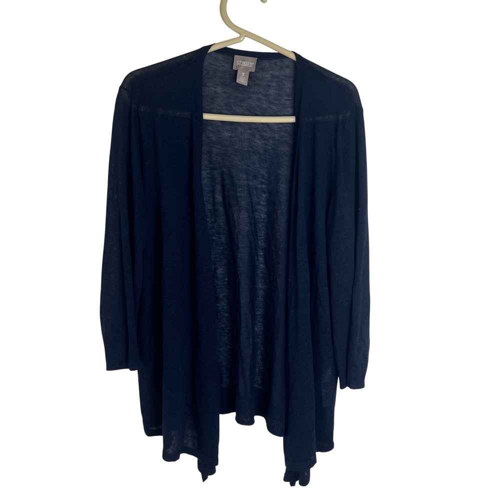 Chicos Navy Blue Open Front Cardigan Ramie Rayon Sheer Knit Size 3 XL Versatile